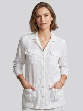 Dana Buchman Linen 4- pocket Camp Shirt Size 8, White Button-Up Shirt